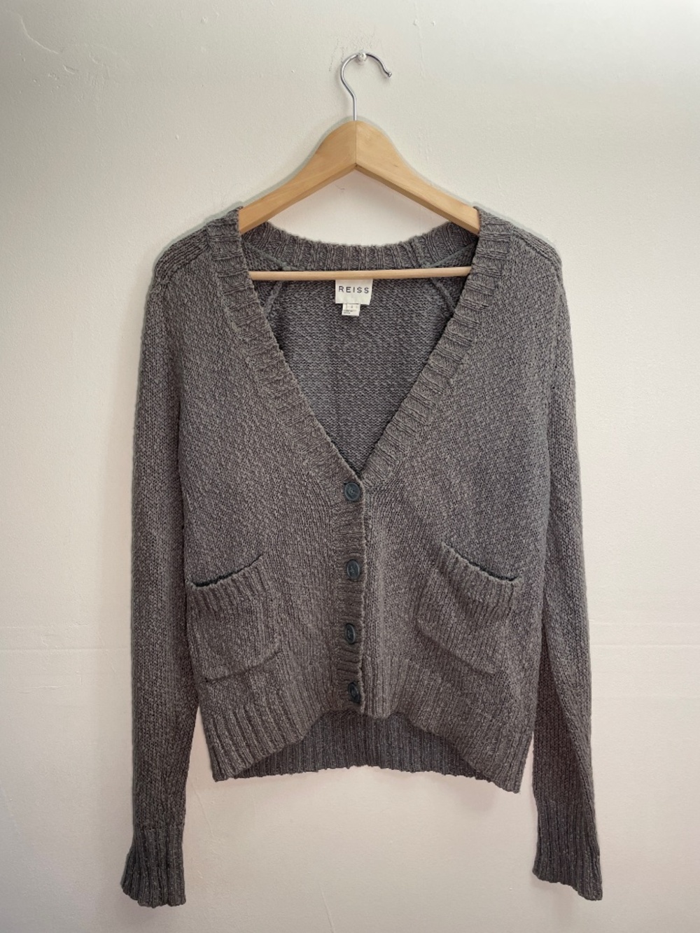 REISS Linen Open Knit V-Neck Blue Cardigan Size S